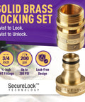 Easy Connect Garden Hose Quick Connect Fittings Three Quarter Inch GHT Solid Brass Locking Leak Proof To 200 PSI Heavy Duty Connectors.