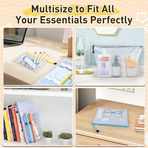 26 Pack Mesh Zipper Pouch Bags With 8 Sizes And Colors Clear Waterproof Zippered Storage Pouches for office and travel use