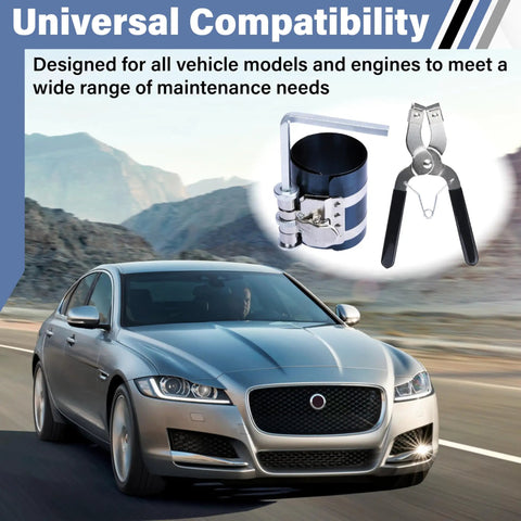 Universal Premium Piston Ring Compressor And Heavy Duty Installation Pliers For Domestic And Import Engine Builds near a car on a road.