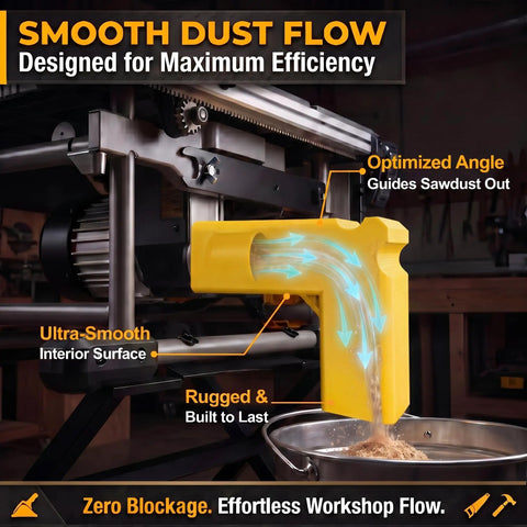 Heavy Duty Table Saw Dust Collection Adapter With Universal Hose Connector showing smooth dust flow design for efficient sawdust extraction.