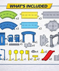 Diagram of parts for First Speed Race Track Builder Playset For Kids With Six Diecast Cars And Accessories Kit