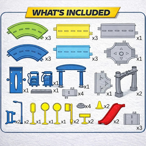 Diagram of parts for First Speed Race Track Builder Playset For Kids With Six Diecast Cars And Accessories Kit