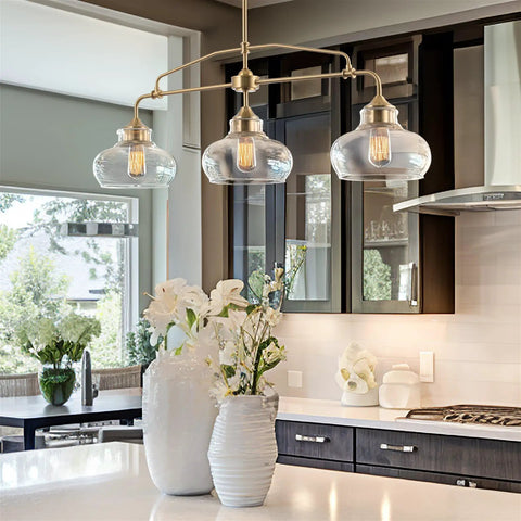 Clear Schoolhouse Glass Pendant Shade Replacement 9 Inch by 6 Inch for Pendant Lights Modern Chandelier in kitchen setting