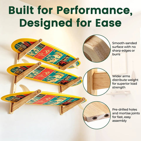 Rock Solid Three Tier Surfboard Wall Rack Hella Heavy Duty Solid Wood Board Holder For Garage And Home Natural Grain Finish Keeps Up To Three Longboards Upright And Totally Secure