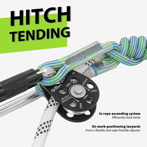Slack Tending Pulley Kit For Doubled Rope Climbing DDRT System With Friction Hitch VT Prusik on a rope with carabiner and pulley