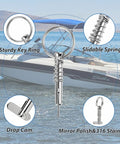 Close-up of 4-Pack Quick Release Pins With Drop Cam And Spring, One Quarter Inch Diameter, 0.86 Inch Usable Length, boating background.