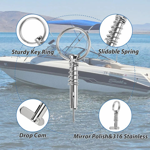 Close-up of 4-Pack Quick Release Pins With Drop Cam And Spring, One Quarter Inch Diameter, 0.86 Inch Usable Length, boating background.