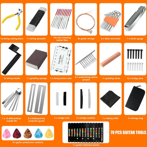 79 Piece Guitar Maintenance Kit With All In One Setup And Repair Tools for Guitar Ukulele Bass Mandolin Banjo, various tools displayed