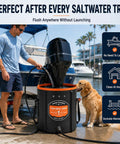 Heavy Duty Outboard Motor Flushing Bag With Reinforced Heat Sealed Seams And Built In Freshwater Flush System being used at the dock.