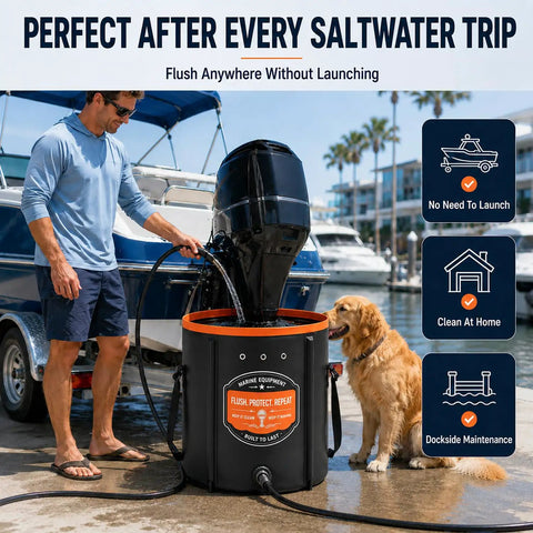 Heavy Duty Outboard Motor Flushing Bag With Reinforced Heat Sealed Seams And Built In Freshwater Flush System being used at the dock.