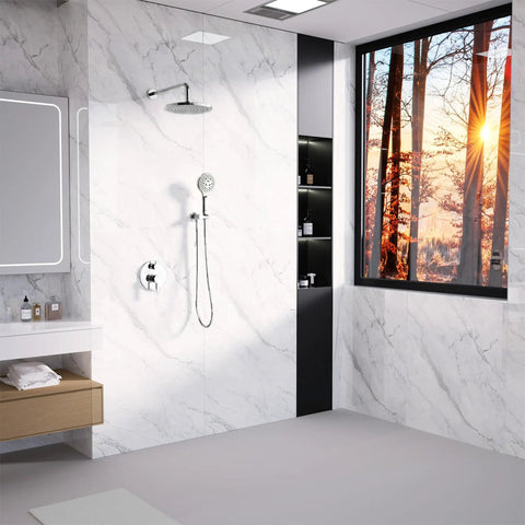 Wall Mounted Rainfall Shower System With 10 Inch High Pressure Head, Multifunction Handheld, Rough-In Valve And Trim Kit, Polished Chrome Finish in bathroom