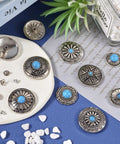Badass Vintage Turquoise Screw Back Concho Kit For Leather Work And Fabric Sewing 22 Assorted Styles Quality Alloy Rivets on display.