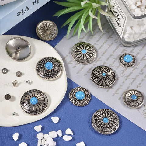 Badass Vintage Turquoise Screw Back Concho Kit For Leather Work And Fabric Sewing 22 Assorted Styles Quality Alloy Rivets on display.