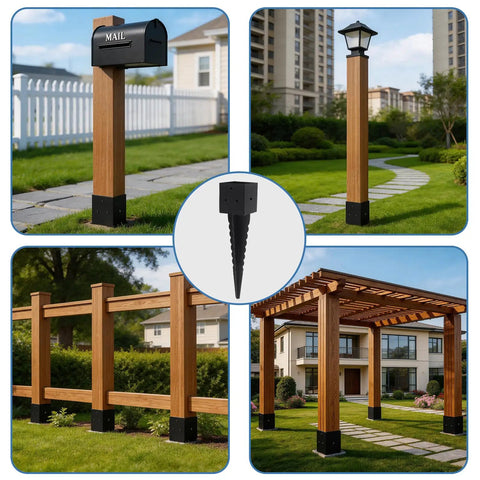 4x4 Fence Post Ground Spike Anchor Pack supporting mailbox, lamp post, fence, and pergola, black powder coated finish