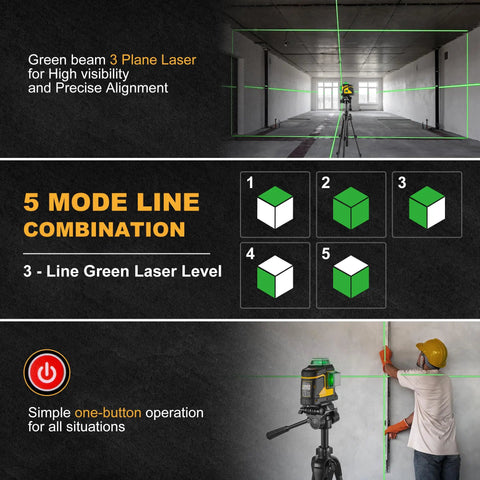 Pro Grade Three Plane Laser Level With 3 X 360 Degree Beams Self Leveling 100 Ft Green Laser 47 In Tripod IP54 Magnetic Base