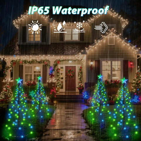 8 Foot Lit RGB LED Christmas Cone Tree With App Control Remote Timer Music Sync Outdoor Indoor Holiday Decor Color Changing Light Show For Patio Yard Storefronts in front of a decorated house, showcasing IP65 waterproof rating.