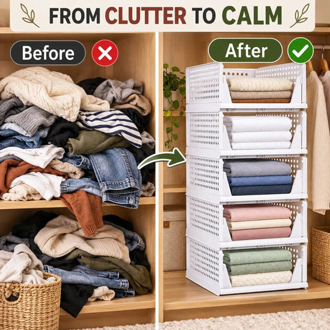 Solid 5 Pack Stackable Plastic Closet Storage Baskets In Crisp White For Slick Home Organization That Maxes Out Vertical Space And Keeps Your Daily Essentials Fresh And Tidy, showcasing organized bins with folded towels.