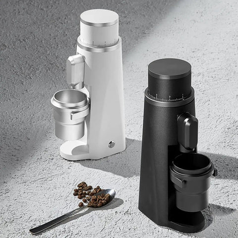 Fire Electric Coffee Grinder With Hella Precise Stepless Adjustment Rock Solid 48Mm Conical Burr For Barista Level Shots next to coffee beans.