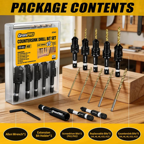14 Piece Countersink Drill Bit Set With HSS Titanium Coated Bits For Woodworking, includes magnetic extension and storage box.