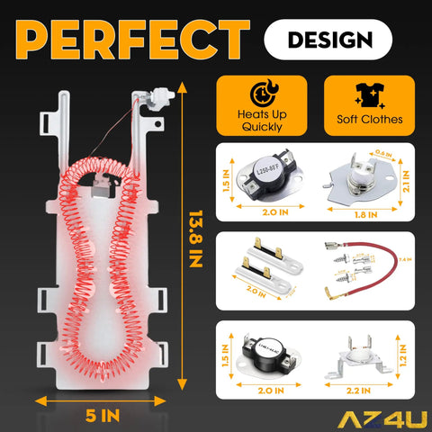 Electric Dryer Heating Element Replacement With Thermostat And Thermal Fuse Fits WED9400 Series Dryers layout diagram