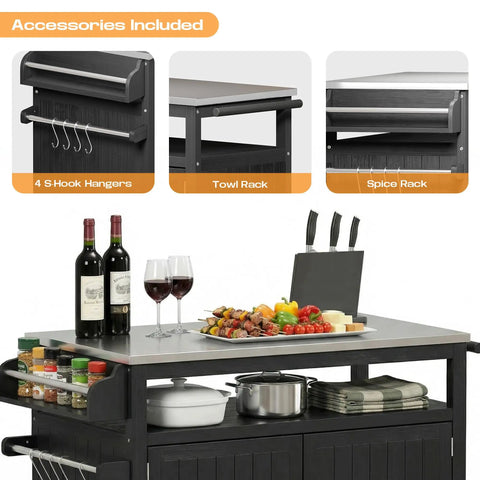 43.3-Inch Outdoor Kitchen Island With Storage Cabinet And Stainless Steel Top, showing accessories like towel and spice rack.