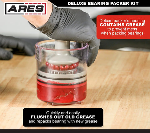 ARES 54036 two-piece bearing packer kit with red grease in a clear housing, gloved hand operating (front view)
