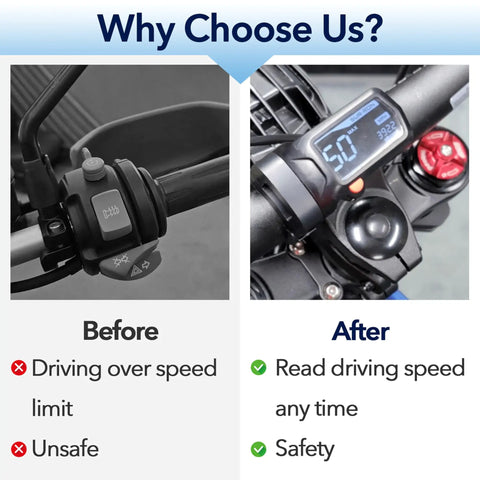 Comparison of handlebars before and after installing Digital Speedometer Display For Light Bee XS Electric Bike Real Time Speed Readout And Hour Meter High Sensitivity Sensor Easy Mount For Electric Motorcycle And E Bike Dash.