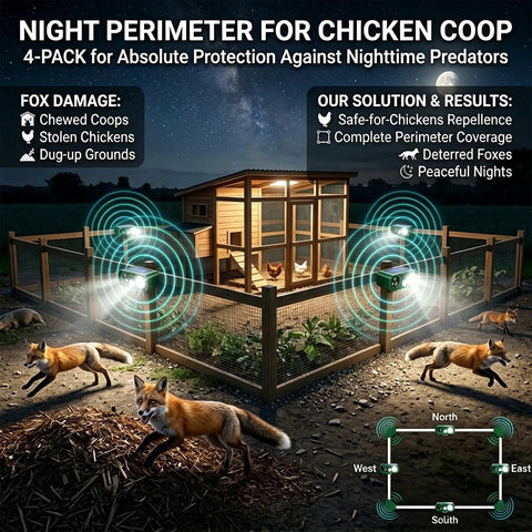 Night view of chicken coop with 2 Pack Ultrasonic Deer Deterrent Devices With Solar Power, foxes being deterred by LED strobe