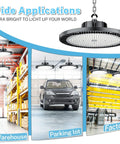 Six Pack 200W LED High Bay Light That Puts Out 30,000 Lumens 5000K For Warehouse Workshop Gym Garage US Plug FCC Certified Energy Saving Super Bright High Bay Lighting 100 To 277V shown in warehouse, parking lot, factory