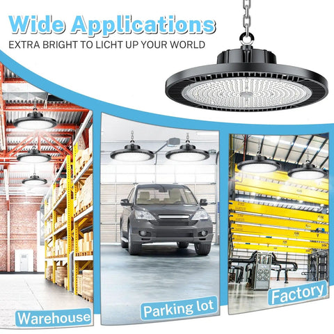 Six Pack 200W LED High Bay Light That Puts Out 30,000 Lumens 5000K For Warehouse Workshop Gym Garage US Plug FCC Certified Energy Saving Super Bright High Bay Lighting 100 To 277V shown in warehouse, parking lot, factory