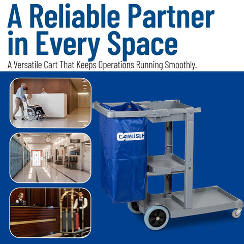 Workhorse Heavy Duty Janitorial Cart 45 Inch Platform With 25 Gallon Trash Bag For Restaurants Hospitals And Schools Plastic Gray With Three Shelf Organization System For Easy Cleanups On The Go