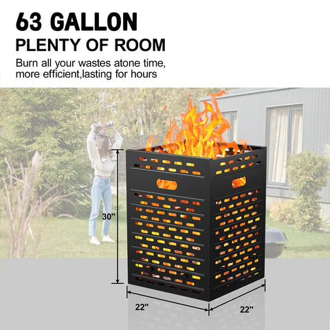 Heavy Duty 63 Gallon Burn Barrel Fire Pit For Outdoors 30 Inch Incinerator Barrel Burn Cage with Flames, Weather Resistant