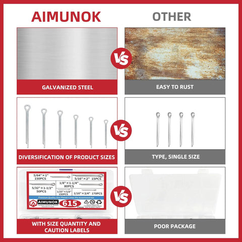 Comparison chart showing AIMUNOK Heavy Duty Zinc Plated Hairpin Cotter Pin Kit versus other rust-prone single size products