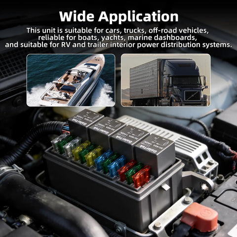 Waterproof 12V Fuse And Relay Box With 12 ATC ATO Fuses and Four Relay Slots Prewired Harness For Marine And Automotive Use in vehicle engine