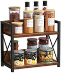 Two Tier Countertop Shelf Organizer For Kitchen Spice Rack And Jar Bottles Top Shelf Wood Counter Storage In Rich Brown with spices and jars.
