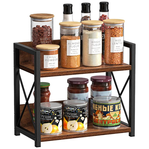 Two Tier Countertop Shelf Organizer For Kitchen Spice Rack And Jar Bottles Top Shelf Wood Counter Storage In Rich Brown with spices and jars.