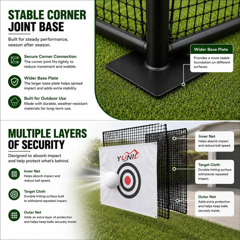 Detail of steel frame and net of golf driving cage with target, highlights stability and security features, 10x10x10 ft size.