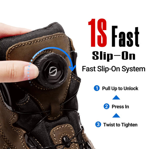 Composite Toe Work Boots For Men And Women With Quick Fit Dial Closure shown with close-up on dial fastening system.