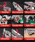 Collage showing functions of the 18 In 1 Foldable Wire Stripper Tool With Crimpers And Cutters, Pro Grade And DIY Ready, Red.