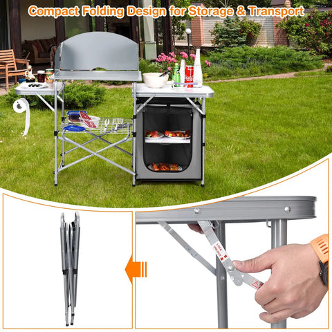 Folding Grill Table With 26 Inch Tabletop And Detachable Windscreen For Camping Kitchen Station Portable Aluminum Camp Cook Set With Carry Bag Easy Quick Setup For BBQ Picnic Backyard Grey