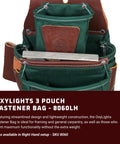 OxyLights 3 Pouch Pro Fastener Bag Left Hand Green with 9 Pockets, showcasing tool holders and lightweight design, made in USA