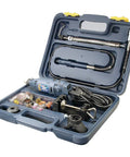 PowerPro Variable Speed Rotary Tool Kit With 85-Piece Accessory Set in open storage box showing tool, accessories, and attachments.