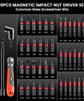 86-Piece Magnetic Impact Nut Driver Set with deep sockets, S2 bits, chrome vanadium steel, displayed with various sizes