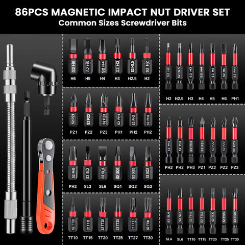 86-Piece Magnetic Impact Nut Driver Set with deep sockets, S2 bits, chrome vanadium steel, displayed with various sizes