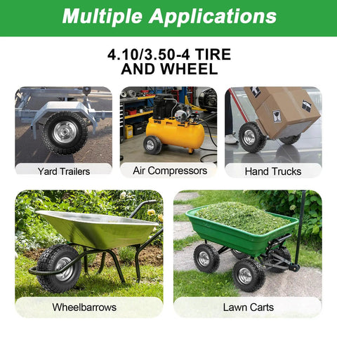 Applications for 10 Inch Heavy Duty Solid Flat Free Tire And Wheel Set For Carts And Hand Trucks, including wheelbarrows and lawn carts