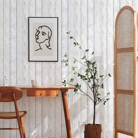 Shiplap Peel And Stick Wallpaper White Wood Plank Vinyl Wrap on wall with desk, chair, and plant decor