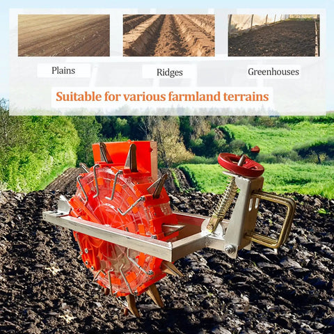 Field Ready Tractor Mounted Precision Seed Drill with Eight Seed Wheels Adjustable Spacing and Depth shown on farmland