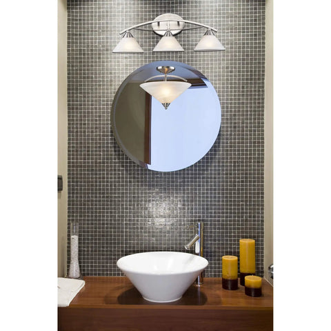 Two Light Semi Flush Ceiling Fixture In Satin Nickel Finish With White Swirl Glass reflected in bathroom mirror