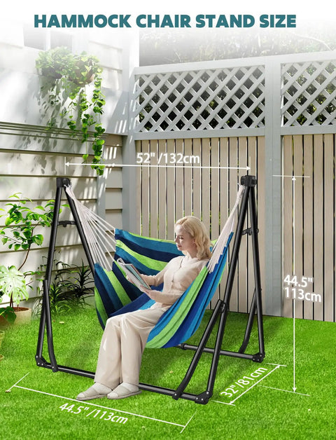 Woman reading in a 2 In 1 Hammock And Swing Chair With Collapsible Steel Stand And Portable Carry Case, adjustable for outdoor use.