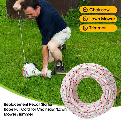 Replacement Recoil Starter Rope for Husqvarna Stihl Craftsman, 3.0mm diameter, 10 meter cord, shown with trimmer